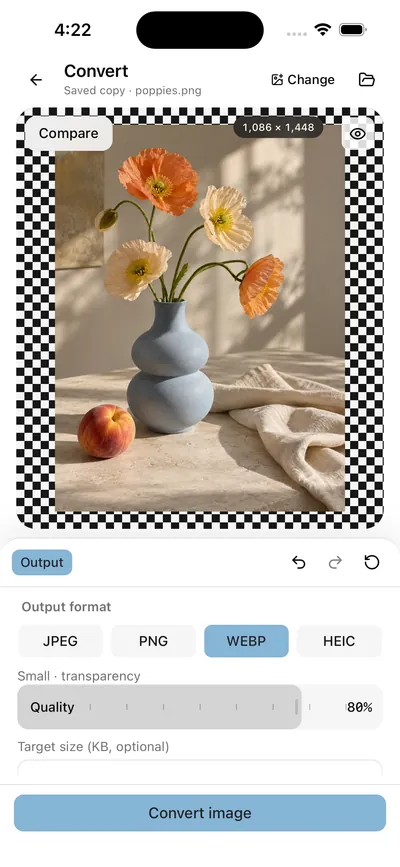 Framli Convert: the poppies photo above Output format buttons JPEG, PNG, WebP (selected) and HEIC, a Quality slider at 80%, and a Convert image button