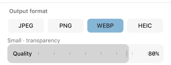 Framli Convert output format row: JPEG, PNG, WebP (selected), HEIC, then "Small · transparency" and a Quality slider at 80%