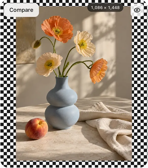 Framli photo stage: a photo of orange and cream poppies in a blue vase with a peach, on a checkerboard transparency background, with Compare and size badge 1,086 × 1,448
