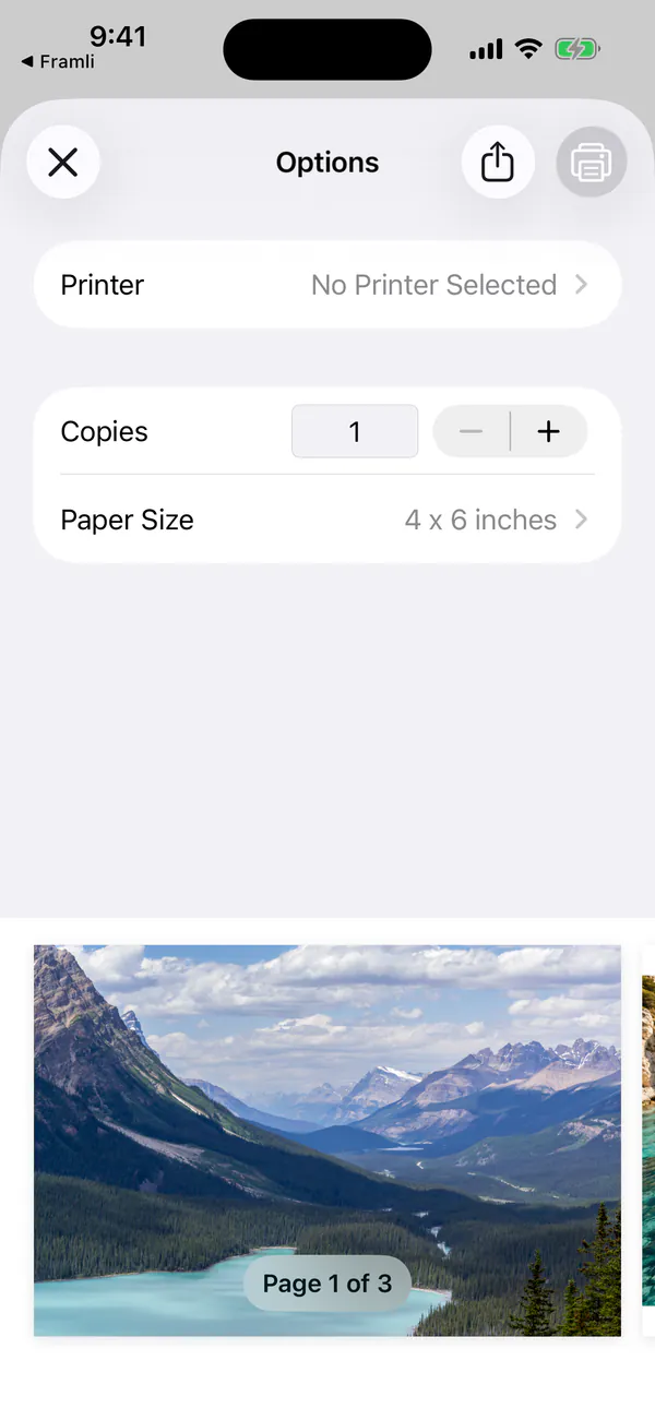 Photos print Options screen in the iPhone Simulator with No Printer Selected, Paper Size 4 x 6 inches, and a preview of the sample lake photo marked Page 1 of 3
