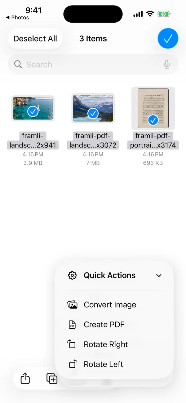 Files app in the iPhone Simulator with three sample images selected and the Quick Actions menu open, listing Convert Image, Create PDF, Rotate Right and Rotate Left