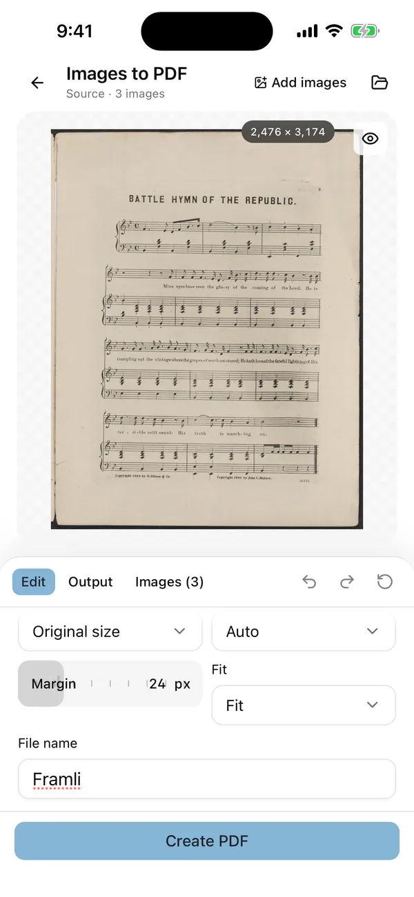 Framli Images to PDF in the iPhone Simulator showing Source · 3 images and a preview of the first sample image, the Edit, Output and Images (3) tabs, the settings scrolled so the Paper and Orientation menus show only Original size and Auto, Margin 24 px, Fit, File name Framli, and the Create PDF button