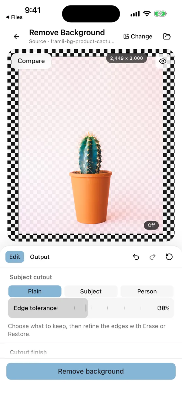 Framli Remove Background in the iPhone Simulator with a sample photo of a potted cactus cut out in Plain mode, a faint pink cast from the old background still showing over the checkerboard, the Plain, Subject and Person buttons, and Edge tolerance at 30%