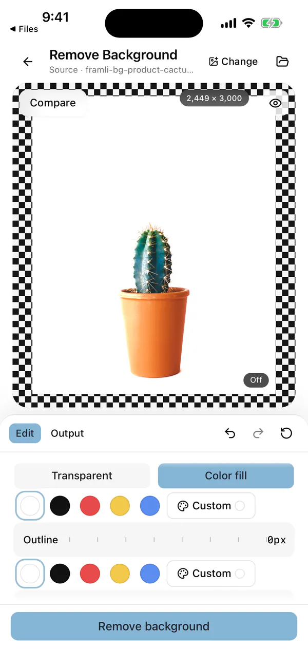 Framli Remove Background in the iPhone Simulator with Color fill selected, the white swatch chosen from white, black, red, yellow, blue and Custom, the sample cactus on white, and Outline at 0px with its own swatch row